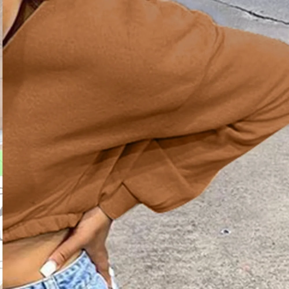 NEW| Women’s Low Cut Shirred Brown Long Sleeve Cropped Top - Picture 2 of 3